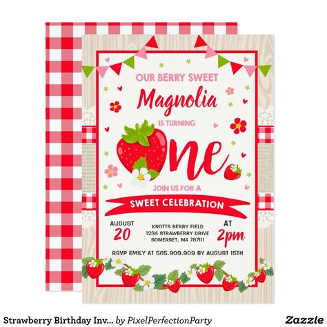 Berry Sweet Party, 1st Birthday Invitation Template, Strawberry Shortcake Birthday, Strawberry Birthday, 1st Birthday Party Invitations, Strawberry Party, Sweet Party, First Birthday Party Themes, First Birthday Themes