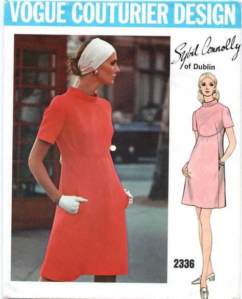 Vintage Vogue Couturier Design pattern,  ca. 1970,  features Sybil Connolly of Dublin. Semi-fitted slightly A-line dress with bias shaped standing collar has skirt gathered at front into high curved waistline. Pockets in side front seams (no side seams). Short sleeves. Misses' Size 10; Bust 32.5; Hip 34.5. Pattern is uncut and the pieces are in original factory folds. The envelope is in very good condition. Featured in Vogue International Pattern Book June/July 1970. Stored and shipped in a clea Sybil Connolly, 70s Vogue, Style Dress Patterns, 1960s Vogue, 1 Piece Dress, Vogue Dress Patterns, Vogue Vintage, Robes Vintage, Bias Cut Dress