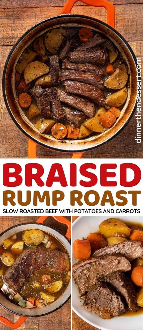 Easy Rump Roast is a hearty, easy one pot meal of tender, flavorful slow roasted beef with potatoes and carrots. Perfect for Sunday dinner. Slow Roasted Beef, Beef With Potatoes, Beef Rump Roast, Rump Roast, Roasted Potatoes And Carrots, Pot Roast Crock Pot Recipes, Dinner Beef, Roasted Beef, Carrots Potatoes