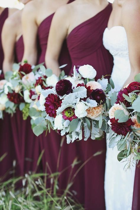 Lush jewel-toned bridesmaid dresses will make an epic contrast against a winter wonderland backdrop for your wedding. February Wedding Colors, Winter Wedding Trends, Marsala Wedding, Tafel Decor, Maroon Wedding, Dusty Miller, Fall Wedding Bouquets, Lodge Wedding, Burgundy Wedding