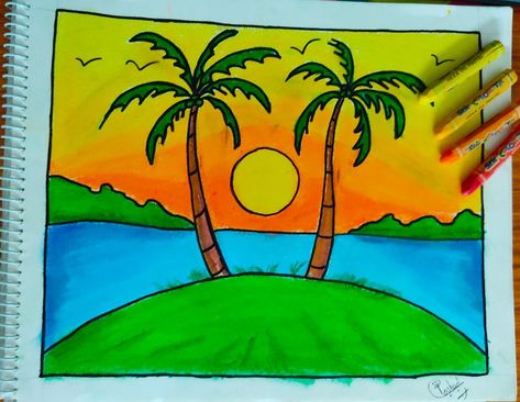 Oil Pastel Scenery Easy, Oil Pastel Art Nature, Oil Pastel Simple Drawing, Landscape Easy Drawing, Oil Pastel Drawings Easy Scenery, Natural Scenery Drawing, Scenery For Kids, Oil Pastel Scenery, Nature Drawing For Kids