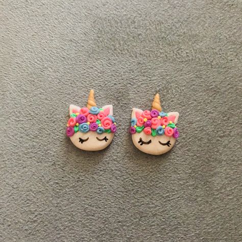 Unicorn earrings I made with polymer clay Unicorn Clay Earrings, Clay Unicorn Earrings, Polymer Clay Unicorn Earrings, Polymer Clay Unicorn, Clay Unicorn, Wine Charms Diy, Polymer Clay Projects Diy, Unicorn Earrings, Quilled Jewellery