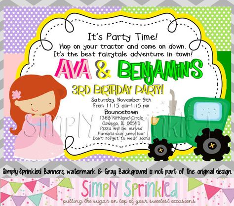 Tractors And Tiaras Birthday Party, Sibling Birthday Invitations, Tractor Birthday Party Invitations, Tractor Invitations Birthday, Tractor Invitations, Tractor Party, Creative Birthday Cards, Birthday Invitations Diy, Tractor Birthday