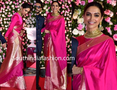 deepika padukone in pink saree at kapil sharma wedding reception Pink Banarsi Saree Look, Pink Saree Bride, Pink Saree Makeup Look, Karwachauth Look In Saree, Designer Sarees Wedding Receptions, Deepika In Saree, Pink Bridal Saree, Deepika Padukone In Saree, Deepika Padukone Wedding