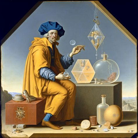 “The alchemist realizes that he himself is the Philosopher’s Stone, and that this stone is made diamond-like when the salt and the sulphur, or the spirit and the body, are united through mercury, the link of mind. Man is the incarnated principle of mind as the animal is of emotion. He stands with one foot on the heavens and the other on earth. His higher being is lifted to the celestial spheres, but the lower man ties him to matter. Now the philosopher, building his sacred stone, is doing so by Philosopher Stone, Higher Being, Dragon Palace, Secret Society Symbols, Secret Societies, Philosopher's Stone, Celestial Sphere, Philosophers Stone, Spirit Art