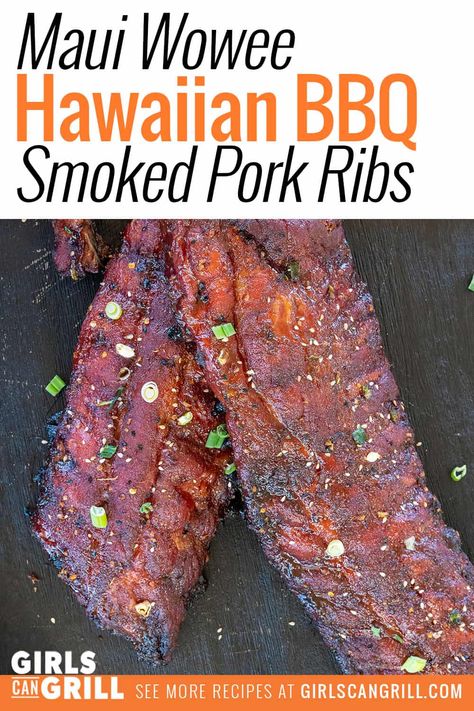 Make these sweet, sticky, meaty Maui Wowee Hawaiian BBQ smoked pork ribs to bring the islands to your backyard. Hawaiian Ribs Recipe, Hawaiian Ribs, Hawaiian Meals, Maui Ribs, Spice Rub For Ribs, Hawaii Recipes, Tailgating Food, Smoked Pork Ribs, Rib Sauce