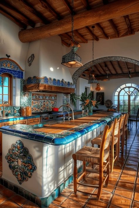 Mexican Hacienda Kitchen in white, blue and teal Mexican Hacienda Kitchen, Hacienda Style Homes Mexican, Hacienda Style Kitchen, Mexican Style Kitchens, Hacienda Kitchen, Hacienda Homes, Mexican Kitchen Decor, Spanish Home Decor, Mexican Hacienda