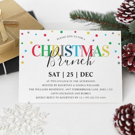 $1.90 | Modern Festive Colorful Christmas Brunch #christmas brunch, modern, contemporary, festive, cute, colorful, christmas dinner party invitation, xmas, confetti, elegant calligraphy script Breakfast Invitation, Dinner Party Invitations, Christmas Dinner Party, Brunch Invitations, Christmas Brunch, Christmas Breakfast, Colorful Christmas, Christmas Invitations, Christmas Party Invitations