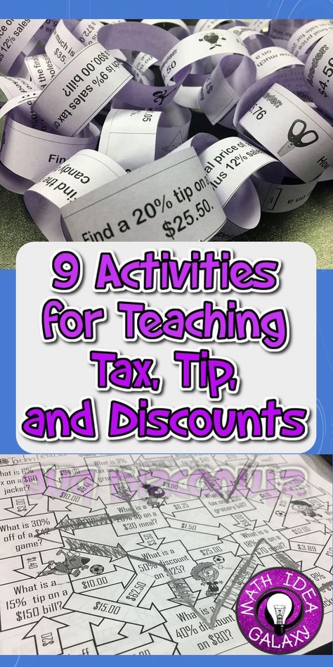 Interactive & engaging activities to use when teaching tax, tips, and discounts. Consumer Math, Grade 6 Math, Sixth Grade Math, Middle School Math Classroom, Tax Tips, 7th Grade Math, 8th Grade Math, Math Fractions, Math Projects