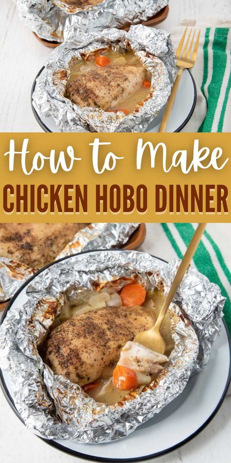 Chicken Hobo Dinner is loaded with chicken, veggies and seasoning. Wrapped in aluminum foil for an easy meal on the grill, oven, or campfire. This recipe makes for an easy cleanup and everyone can make their favorite combination. Make this foil dinner on the grill, toss them at your campfire or make them in the oven. #grillonadime #chickenhobodinner #hobodinner Tin Foil Dinners Camping, Aluminum Foil Meals, Hobo Dinner Recipes, Dinner On The Grill, Tin Foil Meals, Foil Baked Chicken, Chicken Foil Packs, Hobo Dinner, Tin Foil Dinners