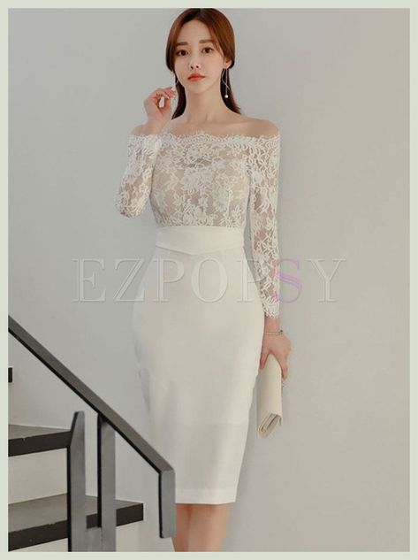 [Promotion] Dresses | Bodycon Dresses | Off-The-Shoulder Long Sleeve Lace Midi Dress #longbodycondresswithsleeves White Dress Outfit Formal, Lace Midi Dress With Sleeves, Tee Length Wedding Dress, Graduation Midi Dress, Elegant Midi Dress Classy, Dantel Dress, Off The Shoulder Dress Short, Cocktail Clothes, Off Shoulder White Dress