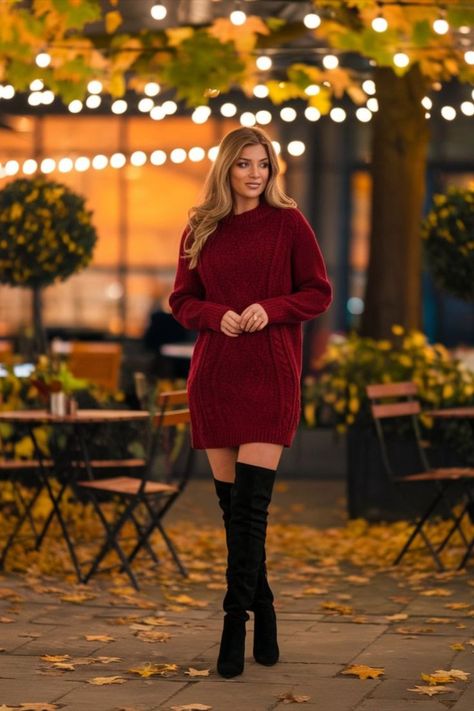 A woman dressed in a deep red knit dress and black thigh-high boots, standing at an outdoor café with fairy lights, creating a cozy yet chic fall date night look. Thigh High Black Boots, Fall Date Night, Red Knit Dress, Cool Autumn, Autumn Evening, Fall Dates, Dress Boots, Night Looks, Under The Stars