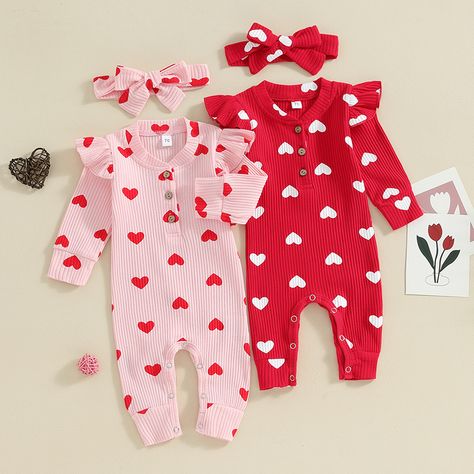 2023-10-30 Lioraitiin 0-18M Baby Girl Valentines Day Outfit Long Sleeve Heart Print Romper Jumpsuit Girls Valentines Outfit, Ribbed Pants, Valentines Day Baby, Toddler Valentines, Mini A, Valentines Outfits, Girls Valentines, Romper Outfit, Valentine's Day Outfit