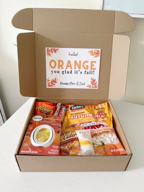 Orange You Glad It’s Fall, Fun Fall Snacks, Fall Care Package, Twix Candy, Orange Tissue Paper, Secret Sister Gifts, Family Snacks, Secret Sister, Spiced Apple Cider