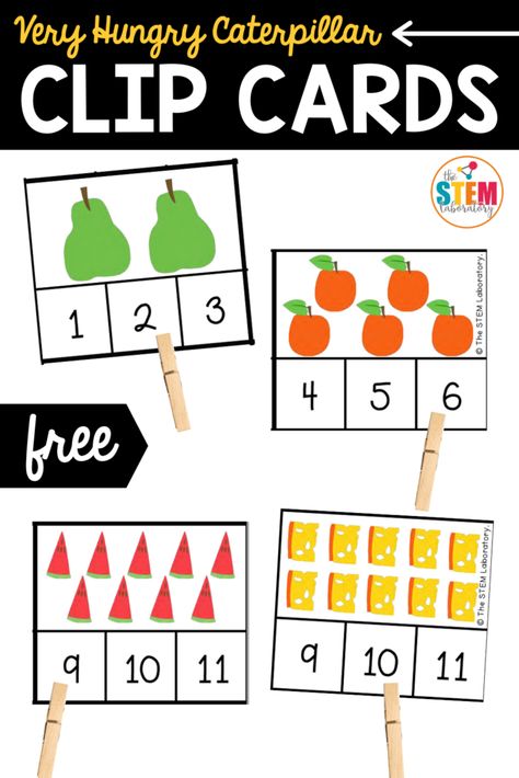 Very Hungry Caterpillar Clip Cards Hungry Caterpillar Kindergarten, Caterpillar Counting Preschool, Caterpillar Numbers Preschool, The Very Hungry Caterpillar Literacy Activities Preschool, Caterpillar Math, Caterpillar Counting, Very Hungry Caterpillar Printables, Caterpillar Preschool, Prek Centers