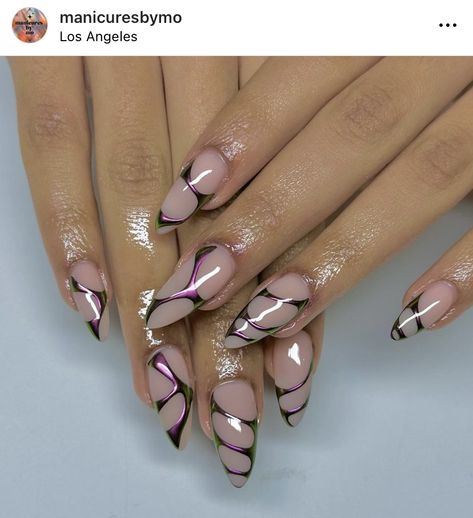 Chrome Builder Gel Nails, Chrome Line Nail Art, Chrome Overlay Nails, Chrome Nail Designs Almond, Chrome Line Nails, Chrome Abstract Nails, Fun Chrome Nails, Purple Chrome Nails Design, Builder Gel Nails Design