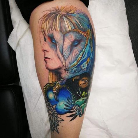 Wow! What a beautiful Bowie/Jareth Tattoo! Goblin King Tattoo, Jareth Tattoo, Ludo Tattoo Labyrinth, Labrynth Movie Tattoos, The Labyrinth Tattoo Ideas, Simple Labyrinth Movie Tattoo, David Bowie Tattoo Labyrinth, Labrynth Tattoo Labyrinth Movie, Labyrinth Tattoo Ideas