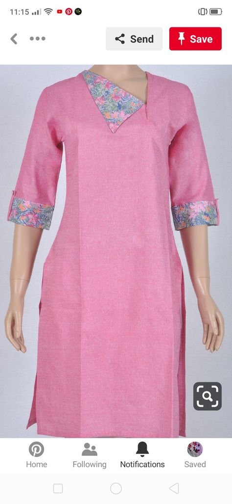 Printed Kurti Designs Style, Rolled Collar Neckline, Printed Kurti Designs, Silk Kurti Designs, Kurta Cotton, Kurta Patterns, Kurta Style, Simple Kurti Designs, Neck Designs For Suits