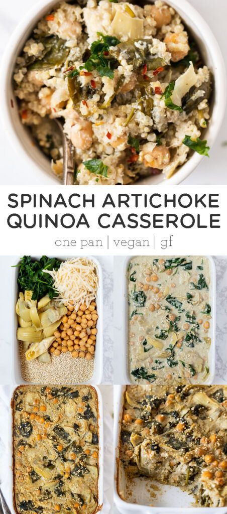 Artichoke Quinoa, Quinoa Casserole, Vegan Casserole, Simply Quinoa, Side Dish Recipes Easy, Vegetarian Dinners, Spinach Artichoke, Quinoa Recipes, Vegetarian Recipes Dinner