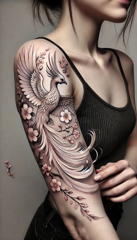 Female Tattoo Sleeve Ideas, Phoenix Forearm Tattoo, Phoenix Arm Tattoo, Pheonix Tattoo For Women, Samurai Tattoo Ideas, Rising Phoenix Tattoo Feminine, Lion Tattoo Girls, Feminine Phoenix Tattoo, Phoenix Tattoo Women