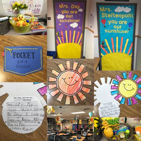 Teacher Appreciation Week theme “You are our sunshine”. Super easy and cute! Sunshine School Theme, Sunshine Staff Ideas, Shine Bright Teacher Appreciation, Sunsational Teacher Appreciation, Teacher Appreciation Week Theme, Relax In The Sun Teacher Printable Free, Crafts Fir Kids, Teacher Appreciation Decorations, Teacher Appreciation Week Door