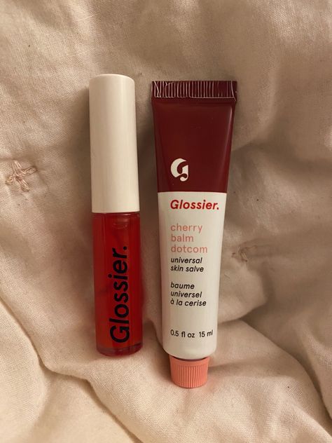 Lip Balm And Lip Gloss, Cherry Lip Products, Red Lip Products, Lip Balms Aesthetic, Balm Dotcom Aesthetic, Coquette Lip Gloss, Good Lip Glosses, Cherry Balm Dotcom, Glossier Cherry Balm