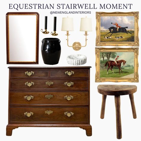 New England Interiors – Equestrian Stairwell Moment – Equestrian Wall Art, Lighting, Mirror, Candles, Vase, Stool, Dresser, Accents & Decor. Old Money Decor Aesthetic, Equestrian Interior Design, Equestrian Nursery, New England Interiors, Equestrian Interior, Equestrian Bedroom, Farm Renovation, Furniture Staging, Colonial New England