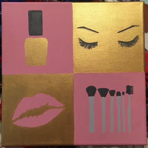 Bathroom canvas art- makeup Makeup Paintings On Canvas, Nail Canvas Art, Makeup Painting Canvas Art, Makeup Painting Art, Diy Bathroom Painting Canvas, Makeup Painting Canvas, Bathroom Canvas Art Diy, Girly Canvas Painting, Makeup Canvas Art