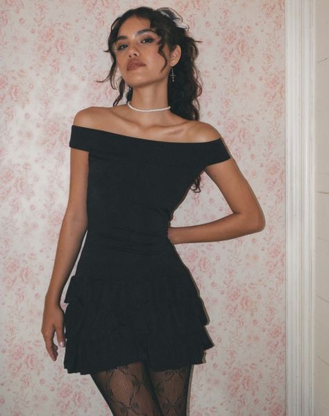 Aella Bardot Ruffle Dress in Black - M Black Dress Aesthetic, Dress Outfits Party, Mini Dress Outfits, Black Dress Outfits, Dress Aesthetic, Black Short Dress, Ruffle Mini Dress, Classy Dress, Ruffle Dress