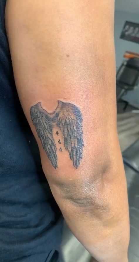 Angel Wings + Angel Numbers  444 Tattoo Wingriddenangel Tattoo, Wing Ridden Angel Tattoo, Angel Numbers 444, 444 Tattoo, Angel Wings Tattoo, Wings Tattoo, Angel Tattoo, Angel Numbers, Angel Wings