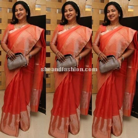 Radhika Sarathkumar, Orange Silk Saree, Elegant Wear, Pattu Saree Blouse Designs, Lehenga Skirt, Wedding Saree Indian, Wedding Saree, Indian Attire, Bridal Saree