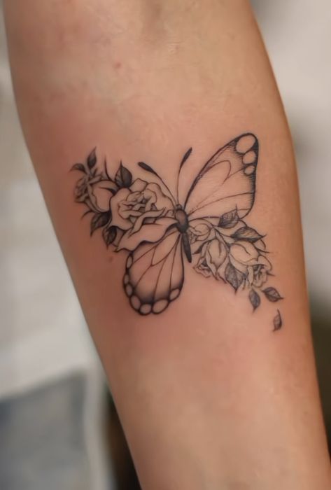 Butterfly Tattoo Waist Line, Butterfly With Ribbon Tattoo, Half Butterfly Half Daisy Tattoo, Butterfly With Tulips Tattoo, November Butterfly Tattoo, Butterfly Bouquet Tattoo, Front Of Shoulder Tattoo For Women, Simple Memorial Tattoos Grandparents, Watering Flowers Tattoo