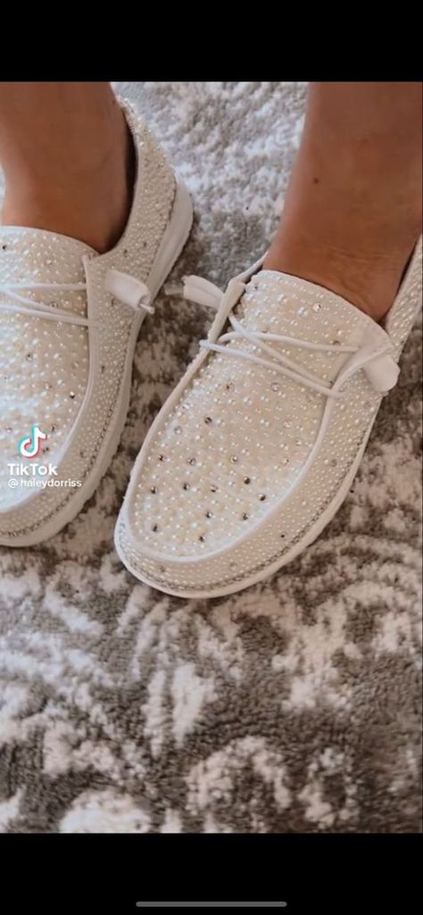 Hey Dude Wedding Shoes Diy, Bridal Shoes Reception, October Wedding Shoes Brides, Flat Pearl Wedding Shoes, Wedding Dress With Flat Shoes, Vans And Wedding Dress, Comfy Bride Shoes, Customized Wedding Sneakers, Country Wedding Shoes For Bride