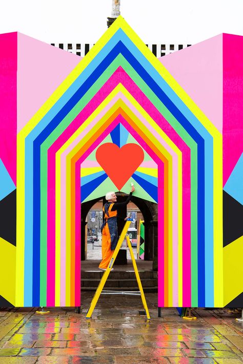 Morag Myerscough, Festival Brand Activation Ideas, Rainbow Art Installation, Pride Art Installation, Music Festival Installation, Coachella Brand Activation, Experiential Marketing Events, Bold Words, Cardboard Sculpture