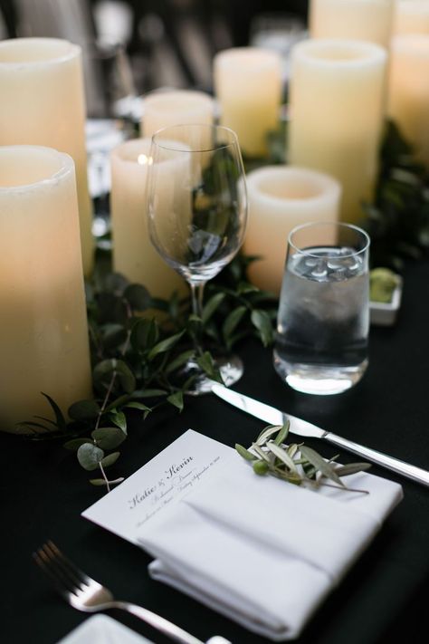 Greenery Runner, Eucalyptus Candle, Black Tablecloth, Runner Table, Table Cloths, Black Table, Pillar Candle, Table Centerpieces, Wedding Stuff