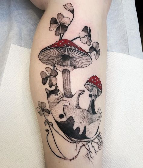 Tattooer, Wroclaw, Poland on Instagram: “Shamrock cat 🍀☘️ #tattoo #shamrock #mushroom #ink #cat #tattoos #ink #graphic #wroclaw #poland #plant #roots” Psy Tattoo, Tattoo Stippling, Dzo Lama, Fantastic Fungi, Strawberry Tattoo, Mushroom Tattoo, Hippie Tattoo, Autumn Tattoo, Mushroom Tattoos