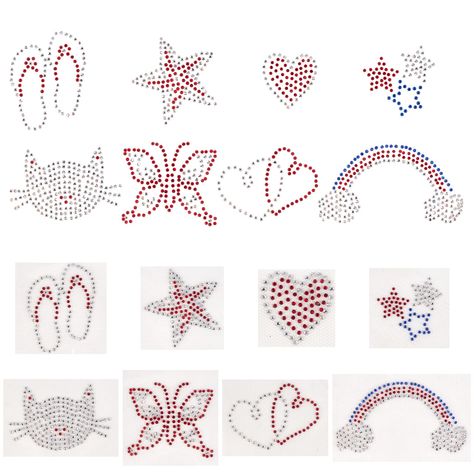 PRICES MAY VARY. 【8 Different Patterns】: It has 8 different patterns : star, heart, cat, butterfly, double heart, flip-flops, rainbow, star. Each patterns have 2 pcs. Totally 16pcs rhinestone hot drilling patterns. 【Great DIY Accessories】: The rich styles are very attractive and suitable for DIY clothes,bags, ect. You can choose your favorite patterns according to your own preferences. 【Size Reference】: Star Pattern: about 47x51x1mm, 2pcs; heart Pattern: about 31.5x31.5x1mm, 2pcs; Cat Pattern: a Rhinestone Art Patterns, Cd Suncatchers, Rhinestone Ideas, Rhinestone Patterns, Diy Clothes Bag, Cat Butterfly, Heart Cat, Rainbow Star, Double Heart