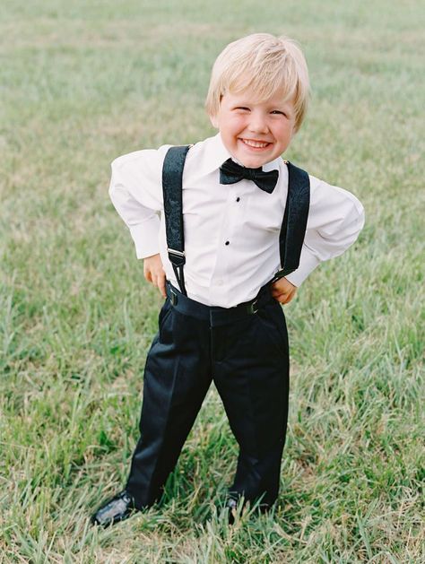 Ring Bearer in Suspenders and Black Bow Tie Ring Bearer Outfit Vest, Suspender Outfits For Boys, Fairy Wedding Ring, Ben Smith, Ring Bearer Suit, Black And White Rings, Ring Bearer Boy, White Wedding Ring, White Tux