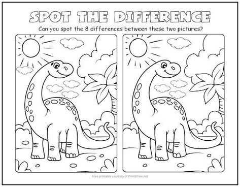 Dinosaur Puzzles Free Printable, Dinosaur Activity Sheets, Dinosaur Worksheets Free Printable, Dinosaur Reading Activities, Spot The Difference Printable, Spot The Difference Kids, Dinosaurs Kindergarten, Dinosaur Coloring Pages For Kids, Find The Difference Pictures