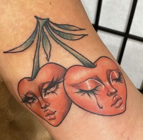 Cherry With Face Tattoo, Cherry Eyeball Tattoo, Strawberry With Face Tattoo, Cherry Profile Picture, Strawberry Face Tattoo, Cherry Face Tattoo, Heart Face Drawing, Tiny Face Tattoo, Small Face Tattoo Ideas