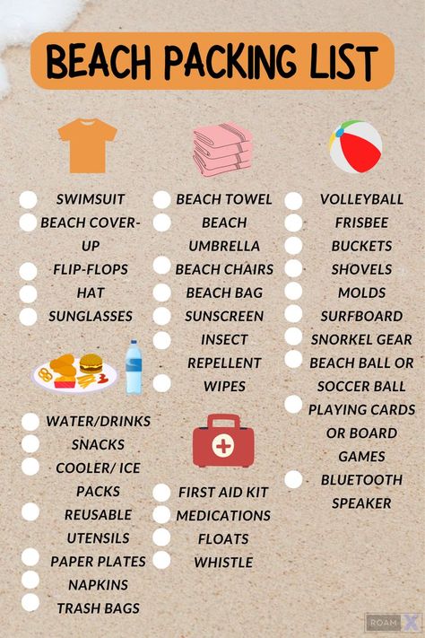 Beach Packing List Beach Trip Packing List, Summer Bag Essentials, Beach Trip Packing, Beach Travel Essentials, Trip Essentials Packing Lists, Beach Packing List, Beach List, Beach Vacation Packing, Beach Vacation Packing List