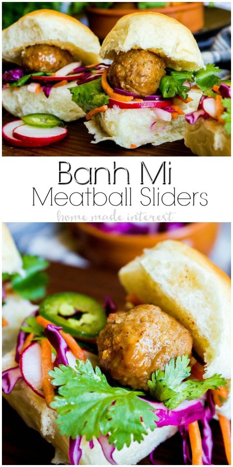 Banh Mi Meatball Sliders | These easy sliders are going make a great summer BBQ recipe or summer picnic recipe. You can make these Banh Mi Meatball Sliders in just 30 minutes! The vegetables are cool, crisp, and lightly pickled for a bright flavor that everyone is going to love. Impress your friends and family with this easy summer appetizer, summer recipe, and quick and easy dinner recipe. If you love slider recipes you’re going to love these Banh Mi Sliders. Asian Sliders, Appetizer Summer, Easy Sliders, Easy Slider Recipes, Summer Picnic Food, Perfect Meatballs, Summer Appetizers Easy, Summer Bbq Recipes, Meatball Sliders