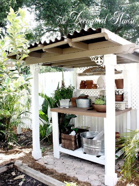 potting bench roof | Potting Bench ~ Garden Shed ~ Create & Recycle Potting Bench Ideas, Diy Potting Bench, Potting Station, Outdoor Potting Bench, Plants And Pots, Potting Tables, Potting Table, Potting Sheds, Potting Bench