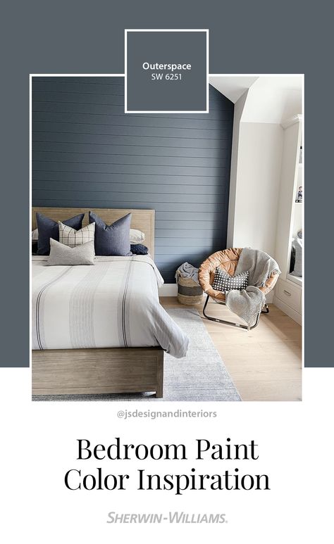 A calming space doesn't need to be boring. Bring a sense of serenity to your bedroom with a bold color like Outerspace SW 6251, shared by @jsdesignandinteriors (on Instagram). Tap to order free color chips. #sherwinwilliams #DIY #color #inspiration #colorinspiration #bedroom #boldbedroom #bedroompaint #bluebedroom #bluepaint Sw Niebla Azul Bedroom, Sw Outerspace Bedroom, Teen Boys Bedroom Paint Colors, Outerspace Sherwin Williams, Boys Paint Colors Bedroom, Boy Room Paint Colors, Boys Bedroom Paint Colors, Bedroom Paint Color Inspiration, Boys Room Paint Colors