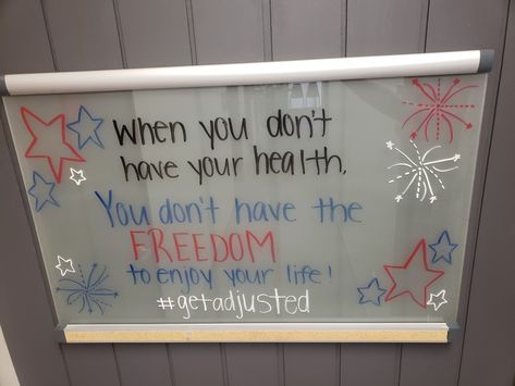 4th of July board Chiropractic Chalkboard Ideas, Summer Chiropractic Boards, 4th Of July Board, Chiropractic Benefits, Massage Therapy Quotes, Chiropractic Quotes, Chiropractic Marketing, Chalkboard Theme, Gate City