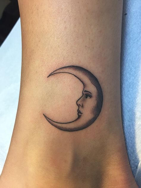 Moon tattoo Moon Tattoo Shaded, Man In Moon Tattoo, Patchwork Moon Tattoo, Pretty Moon Tattoos, Moon Tattoo Feminine, Shaded Moon Tattoo, Woman Moon Tattoo, Faces Of Moon Tattoo, Moonface Tattoo