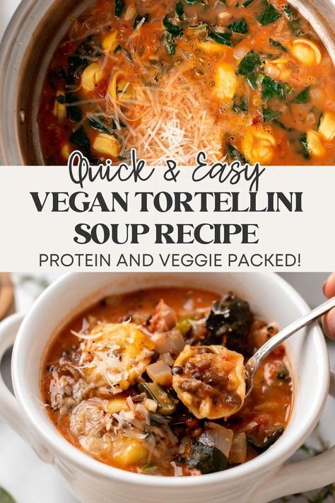 bowl of vegan tortellini soup Lentils And Kale, Recipe With Lentils, Vegan Tortellini, Healthy Vegan Dinner Recipes, Chicken Tortellini Soup, Healthy Vegan Dinner, Vegan Dinner Recipes Easy, Vegan Kids Recipes, Quick Vegan Meals