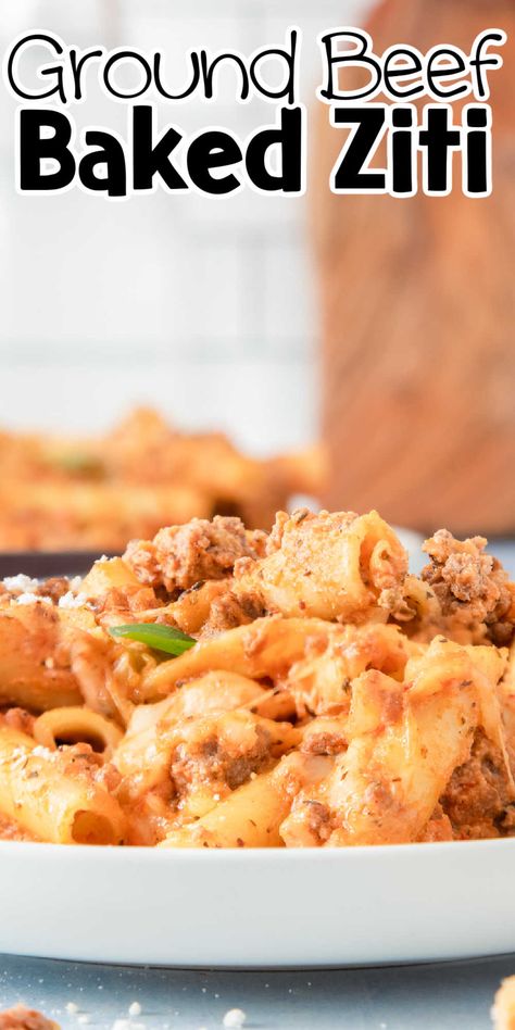 This Baked Ziti with Ground Beef is an easy weeknight dinner that's jam-packed with flavor! Tender noodles, ground beef, pasta sauce, Ricotta cheese, and mozzarella cheese combine in this pasta bake to make the ultimate comfort food. This ground beef baked ziti recipe is perfect for a quick weeknight meal or large gatherings. Baked Ziti With Ground Beef Without Ricotta, Easy Baked Ziti With Ground Beef And Ricotta, Baked Ziti With Ground Beef And Ricotta, Beef Baked Ziti, Easy Baked Ziti With Ricotta, Beef Pasta Sauce, Ziti With Ground Beef, Baked Ziti With Ground Beef, Baked Ziti With Ricotta