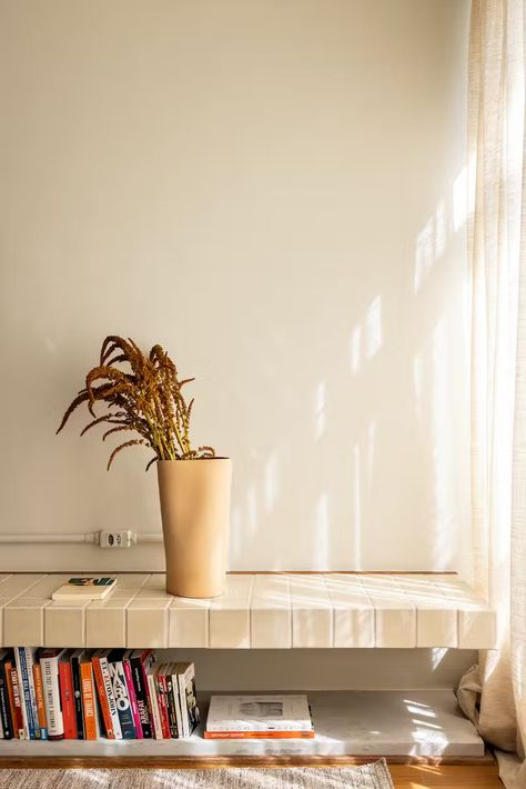 Creamy Tile Polishes Up a Brazil Apartment’s Rough Concrete Edges - Dwell Brazil Apartment, Concrete Apartment, New Cabinet Doors, Gray Space, Yellow Tile, Bright Living Room, Counter Design, New Cabinet, Prefab Homes