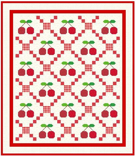 I just love this, it would be so cute folded at the end of a bed or hanging on a retro kitchen wall. Vegetable Quilt, Picnic Quilts, Cherry Quilt, Fruit Quilt, Cherry Decor, Cherry Cherry, Picnic Quilt, White Quilts, Red And White Quilts